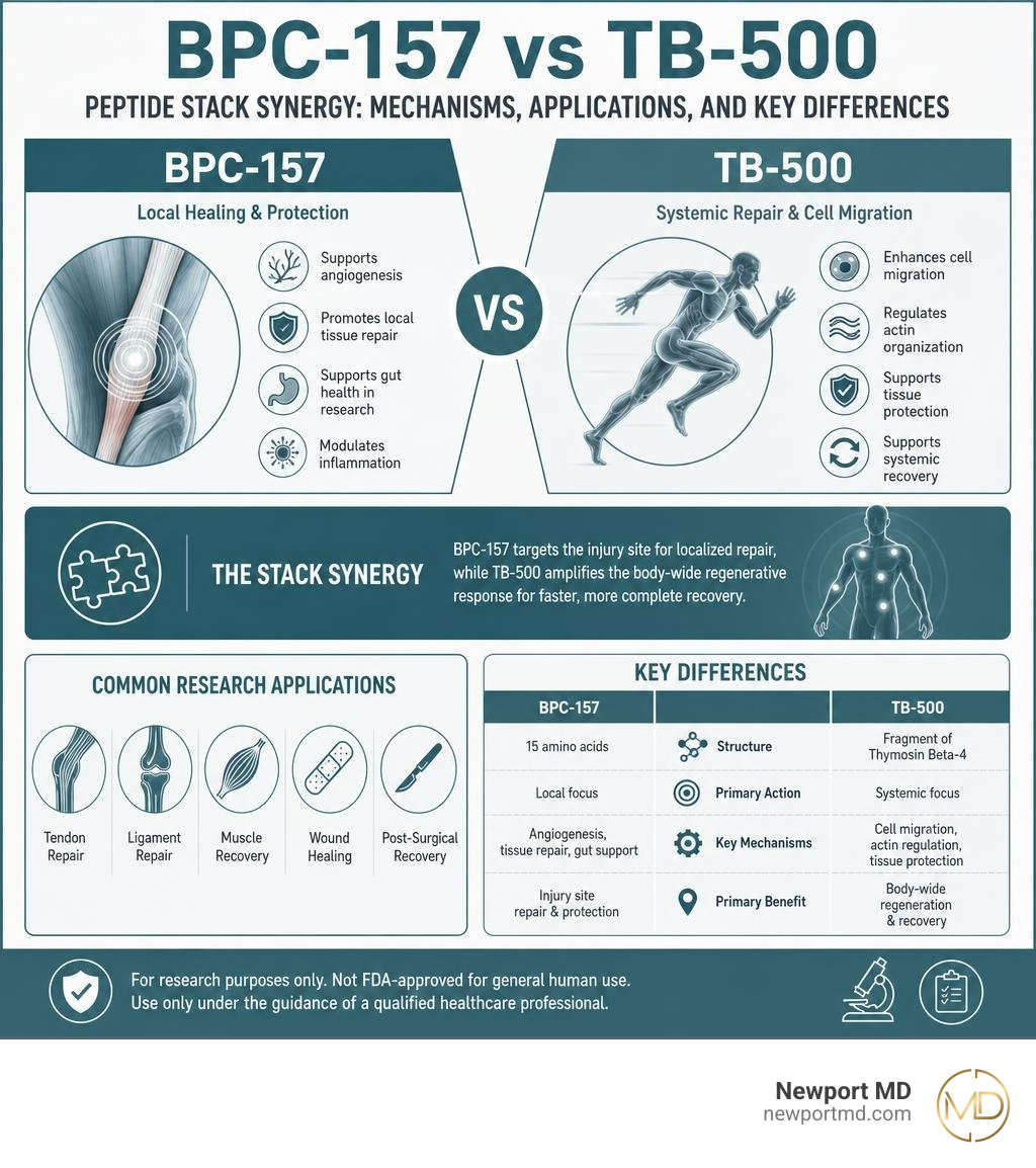 BPC-157 vs TB-500 peptide stack synergy: mechanisms, applications, and key differences infographic infographic