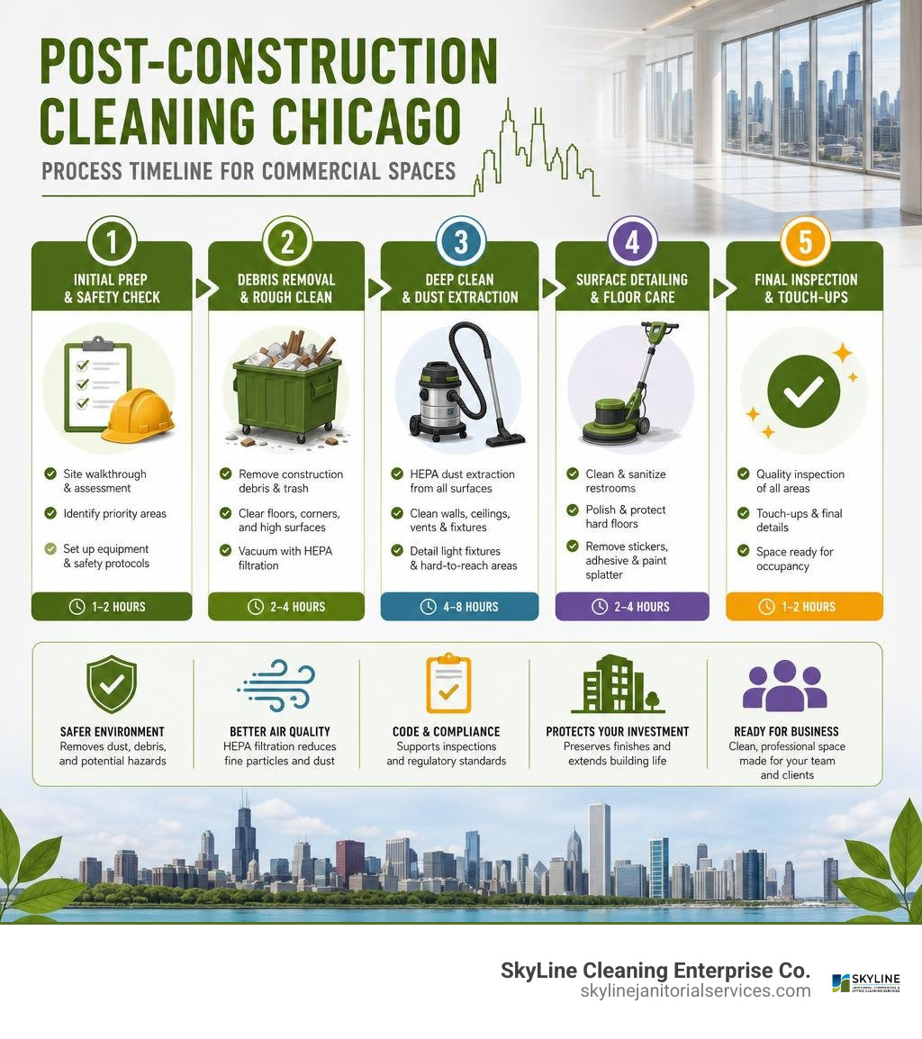 Post-construction cleaning Chicago process timeline infographic: phases, tasks, and timeline for commercial spaces