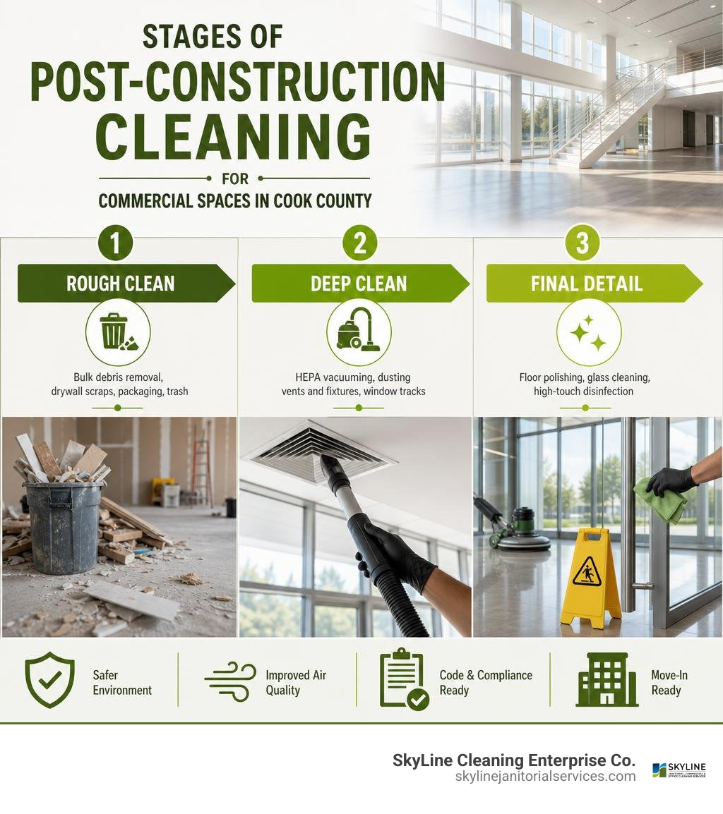 Stages of post-construction cleaning for commercial spaces in Cook County infographic Stages of post-construction cleaning for commercial spaces in Cook County infographic