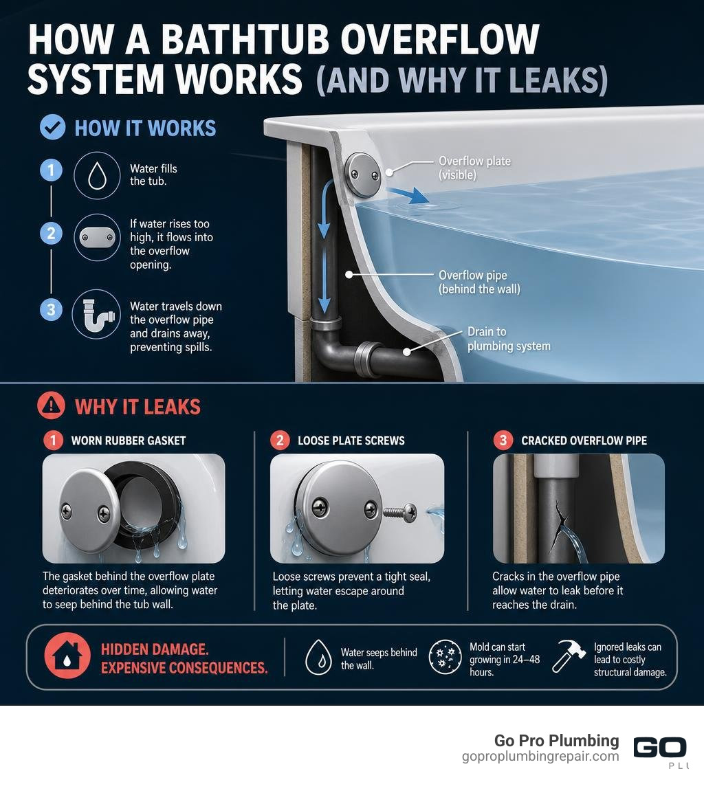 How a bathtub overflow system works and why it leaks infographic