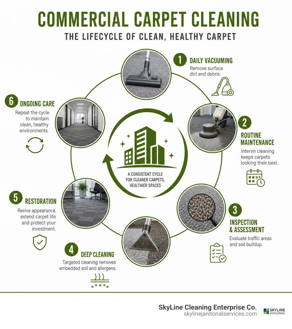 Commercial carpet cleaning lifecycle infographic showing maintenance stages from daily vacuuming to restorative extraction