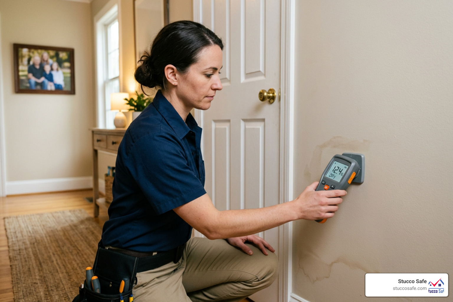 Technician using a pinless moisture meter on drywall to scan for hidden water leaks Technician using a pinless moisture meter on drywall to scan for hidden water leaks
