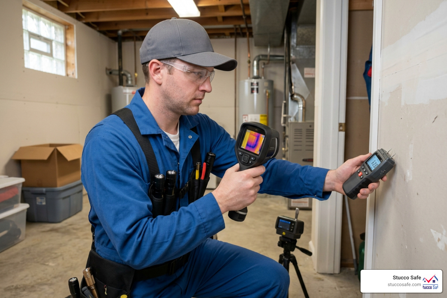 Certified mold inspector checking a residential basement with advanced diagnostic tools Certified mold inspector checking a residential basement with advanced diagnostic tools