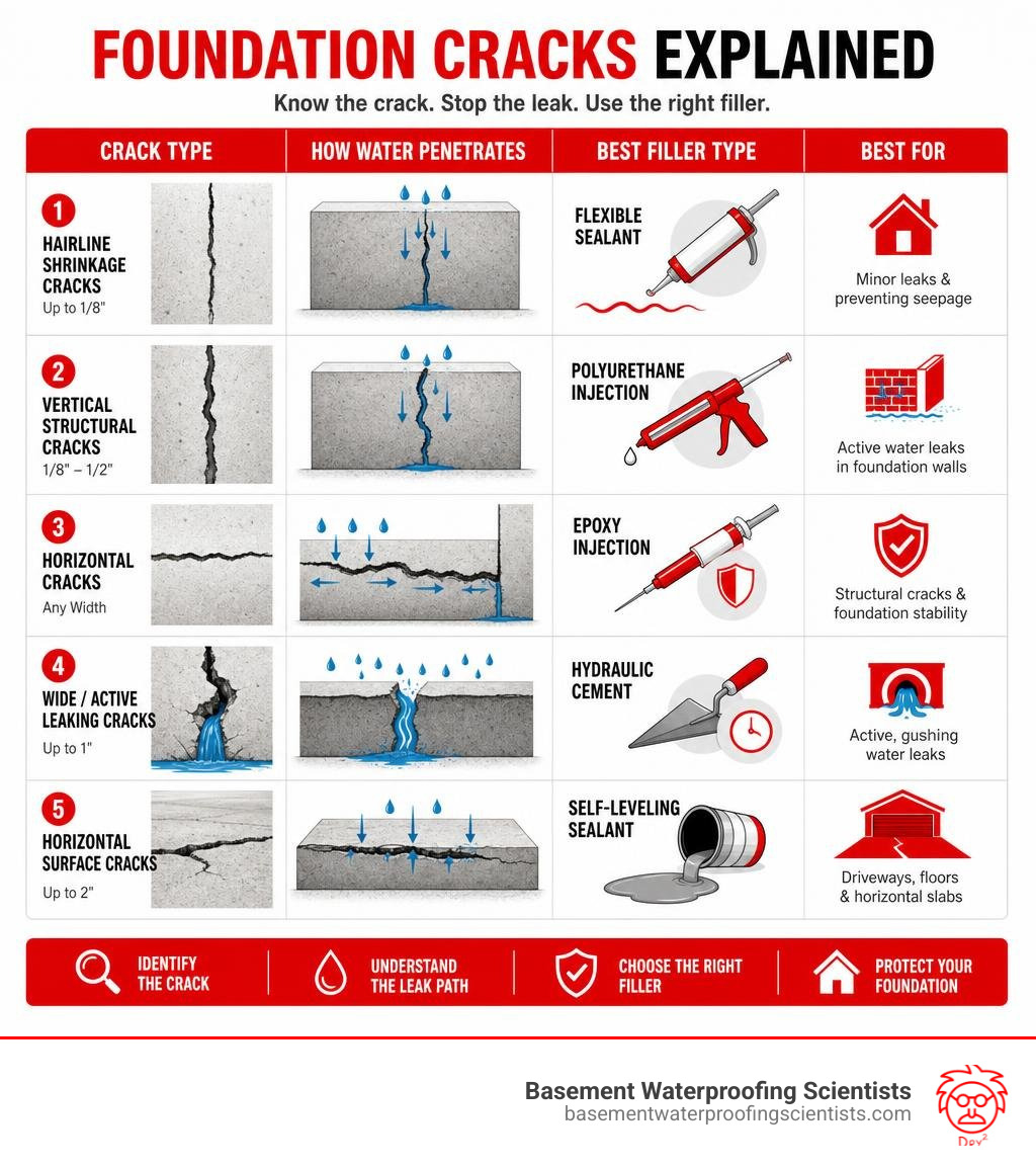 infographic showing types of foundation cracks, how water penetrates them, and which filler type works best for each