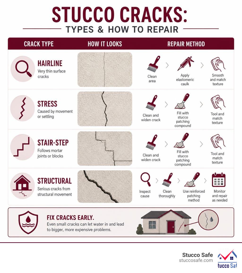infographic showing stucco crack types hairline stress stair-step structural with repair method for each infographic infographic showing stucco crack types hairline stress stair-step structural with repair method for each infographic