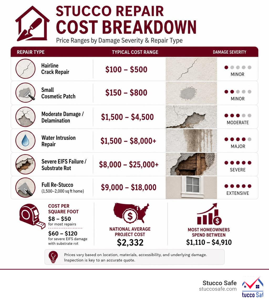 Stucco repair cost breakdown infographic showing price ranges by damage severity and repair type infographic Stucco repair cost breakdown infographic showing price ranges by damage severity and repair type infographic