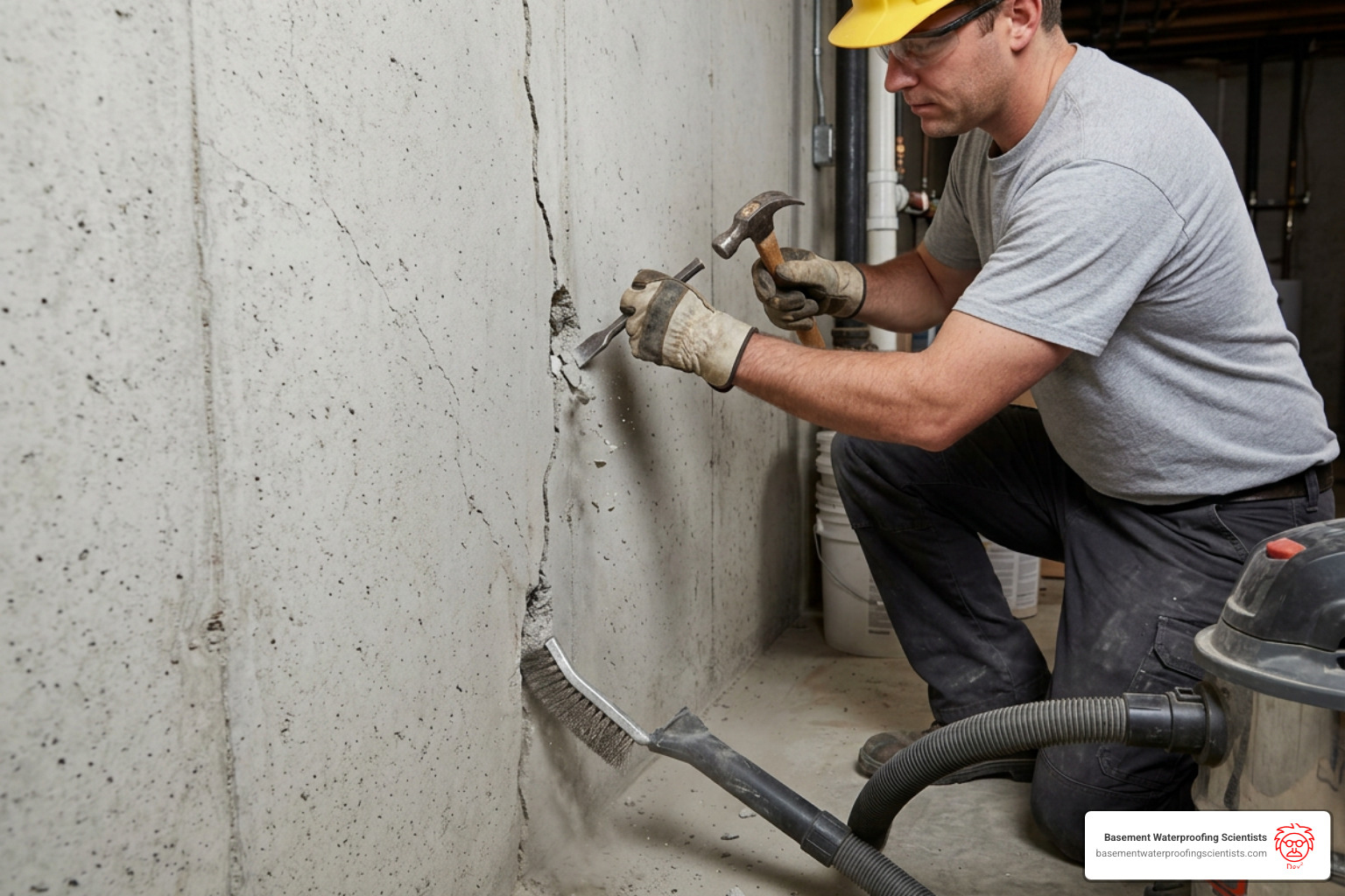 Step-by-step surface preparation: chiseling, wire brushing, and vacuuming concrete crack