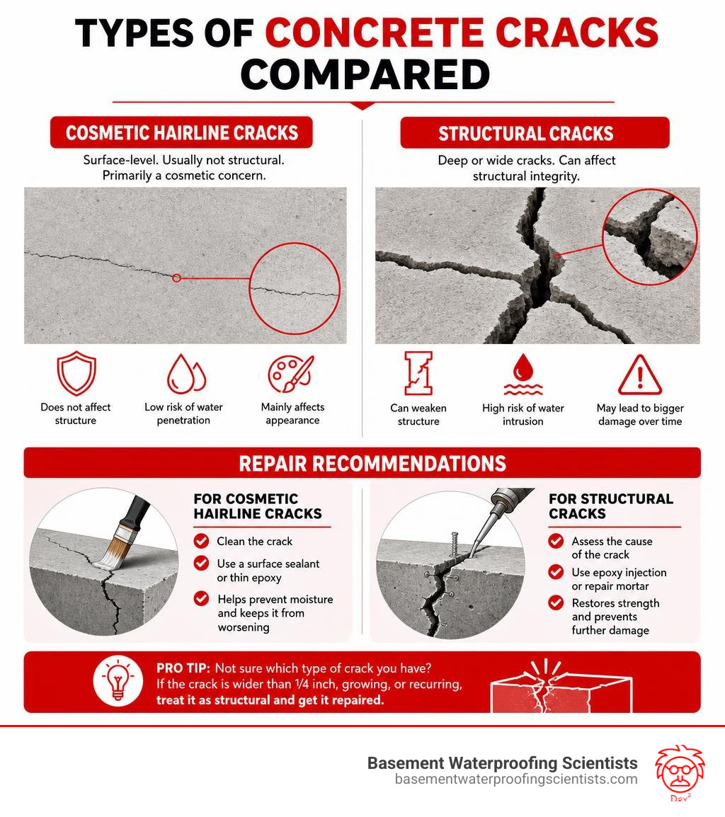 Types of concrete cracks compared: cosmetic hairline vs structural, with repair recommendations infographic