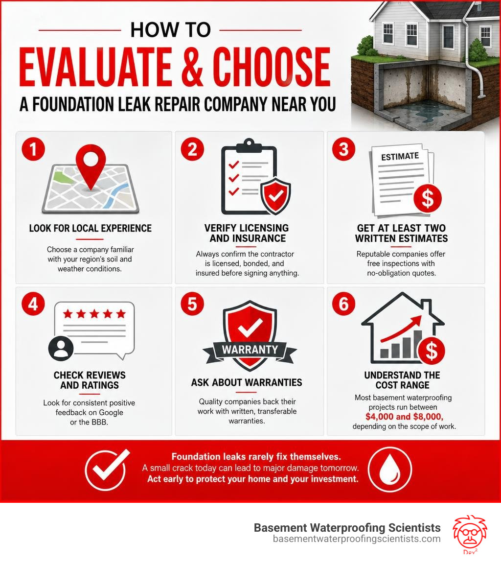 Infographic: how to evaluate and choose a foundation leak repair company near you infographic