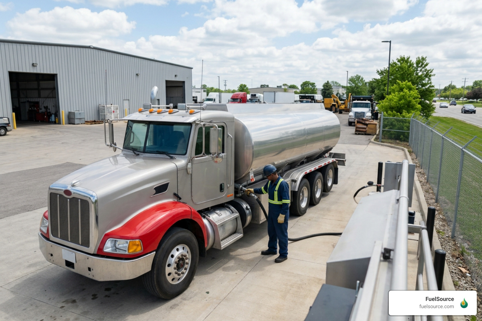 Bobtail fuel truck delivering fuel directly to an on-site storage tank