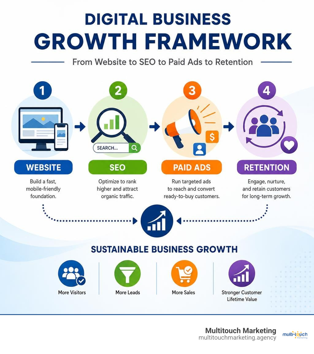 Digital business growth framework: steps from website to SEO to paid ads to retention infographic Digital business growth framework: steps from website to SEO to paid ads to retention infographic