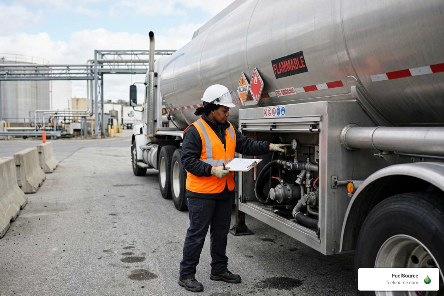 Safety inspector checking a fuel tanker for DOT compliance and HAZMAT safety