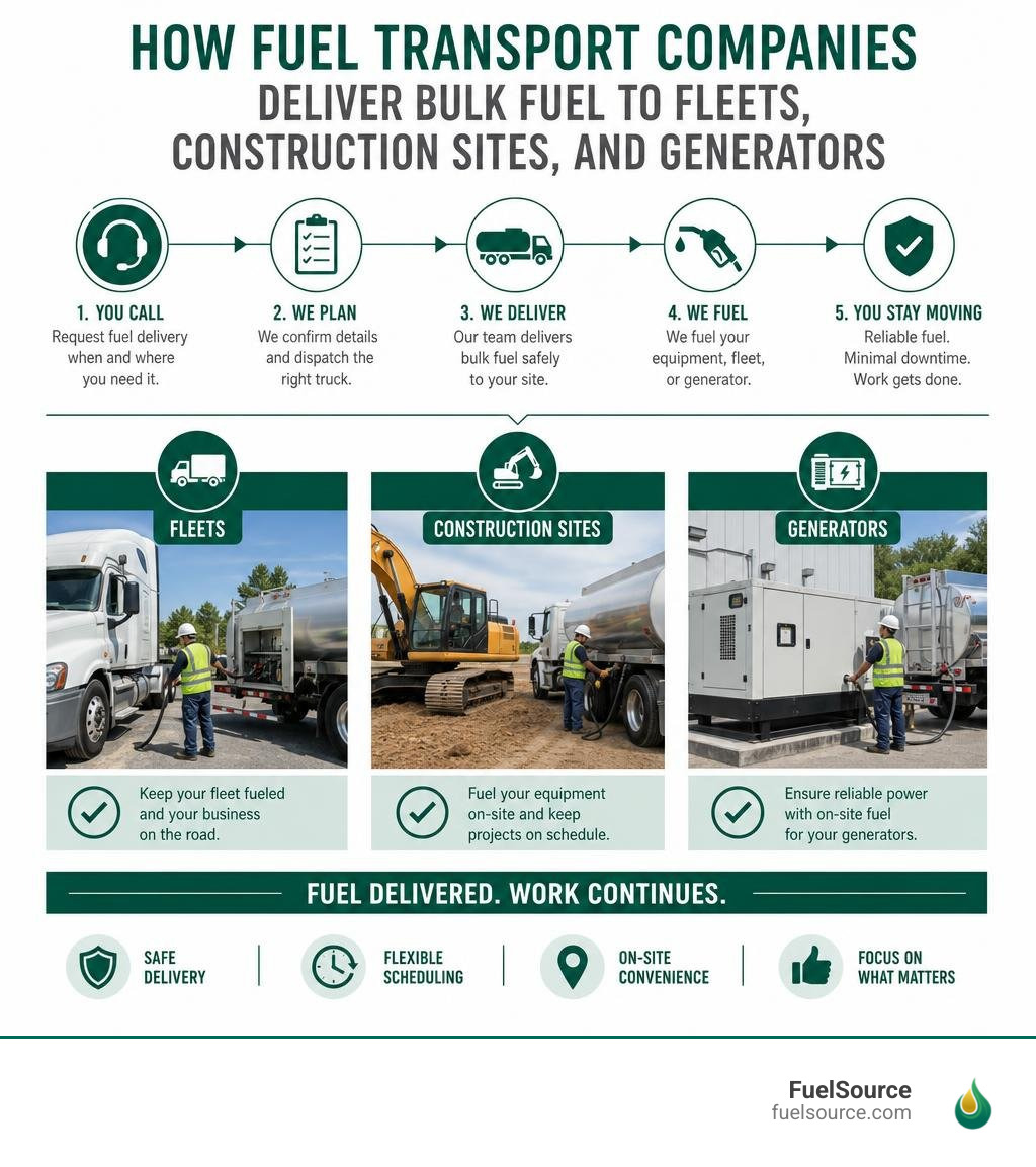 How fuel transport companies deliver bulk fuel to fleets, construction sites, and generators infographic