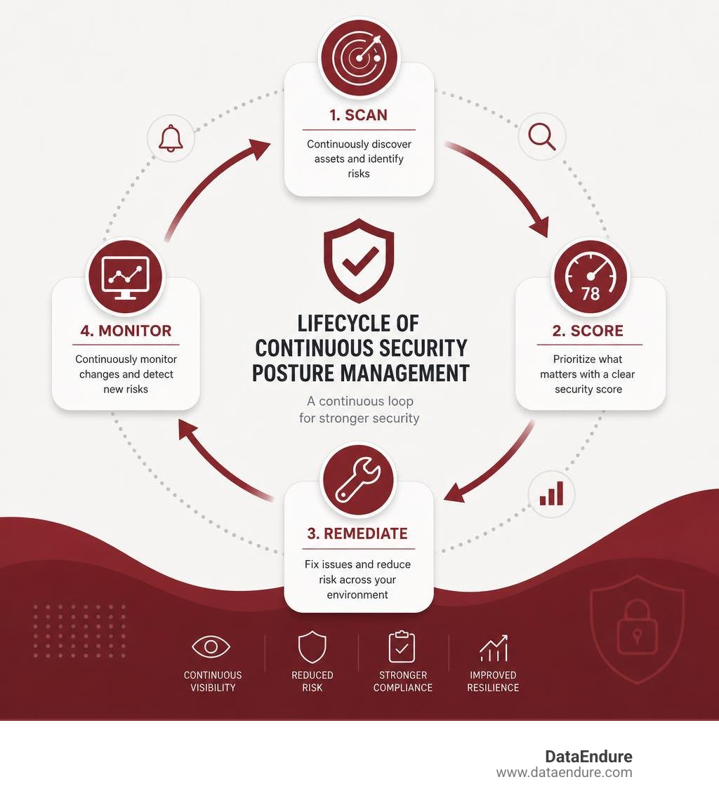 Lifecycle of continuous security posture management from scan to score to remediation to monitoring infographic Lifecycle of continuous security posture management from scan to score to remediation to monitoring infographic