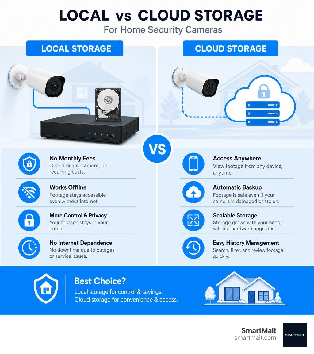 comparison of local vs cloud storage benefits for home security cameras infographic
