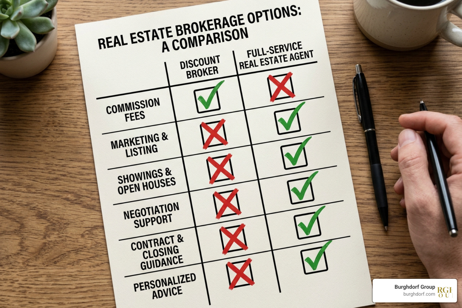 A checklist comparing the pros and cons of hiring a discount broker versus a full-service agent A checklist comparing the pros and cons of hiring a discount broker versus a full-service agent