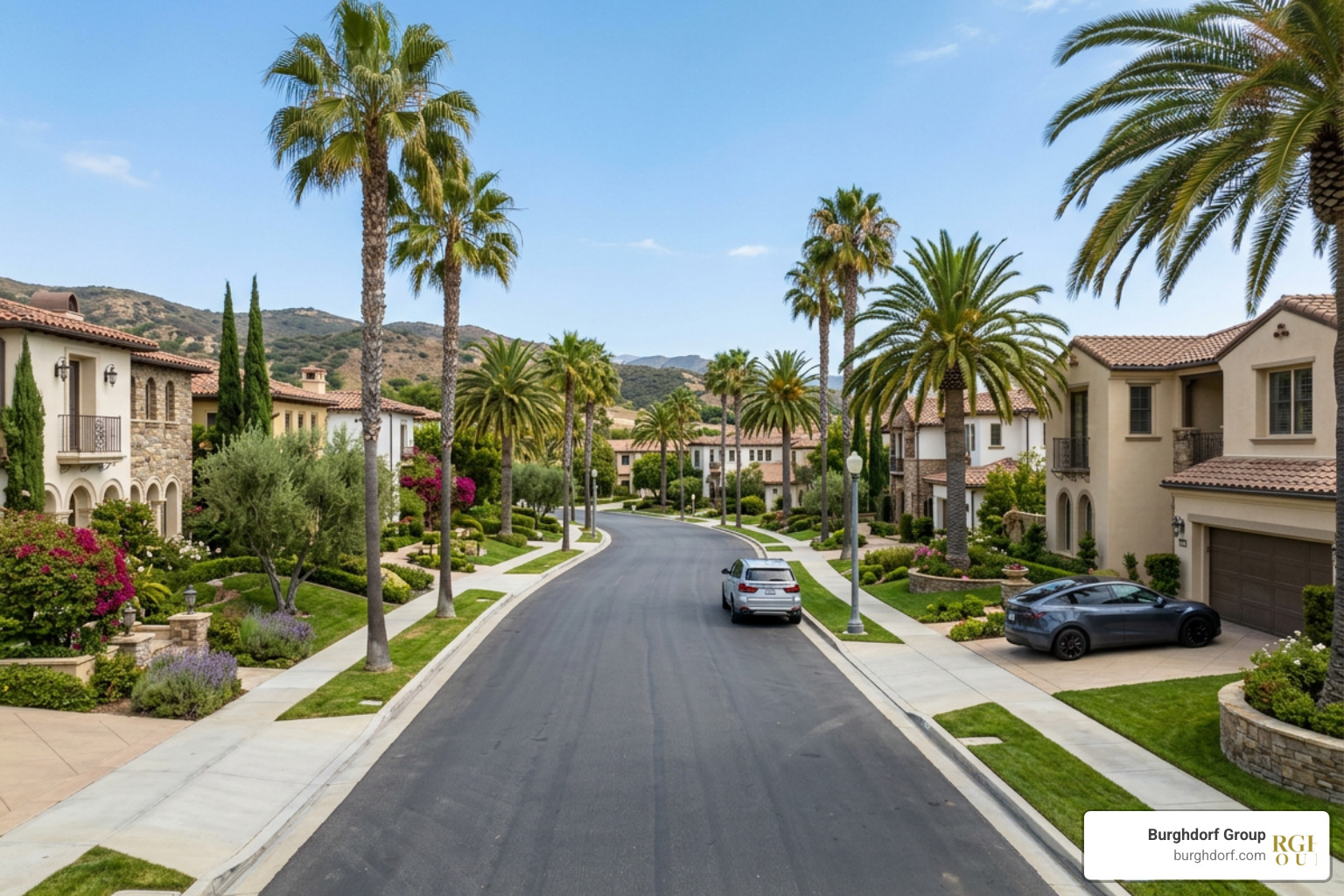 Calabasas Hills neighborhood street lined with palm trees Calabasas Hills neighborhood street lined with palm trees
