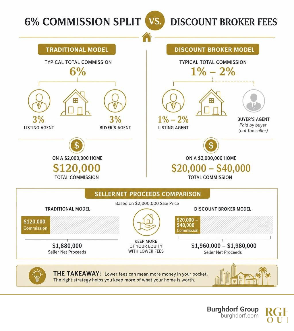 Infographic showing traditional 6% commission split vs discount broker fees and seller net proceeds comparison infographic Infographic showing traditional 6% commission split vs discount broker fees and seller net proceeds comparison infographic
