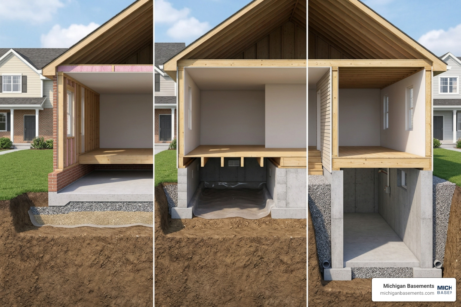 comparison of slab, crawl space, and full basement foundations