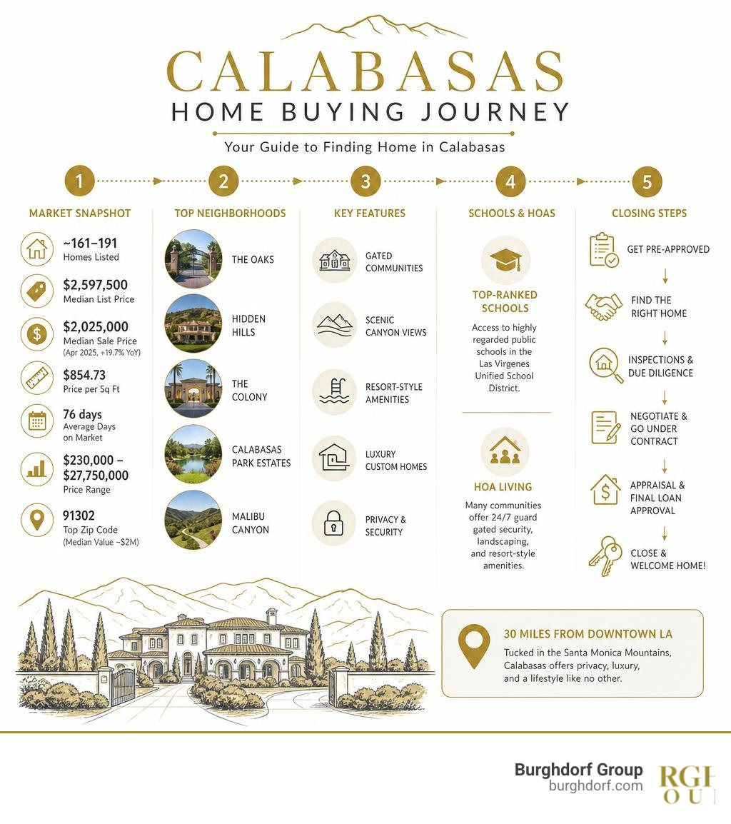 Calabasas home buying journey infographic: market snapshot, top neighborhoods, key features, schools and HOAs, closing steps Calabasas home buying journey infographic: market snapshot, top neighborhoods, key features, schools and HOAs, closing steps