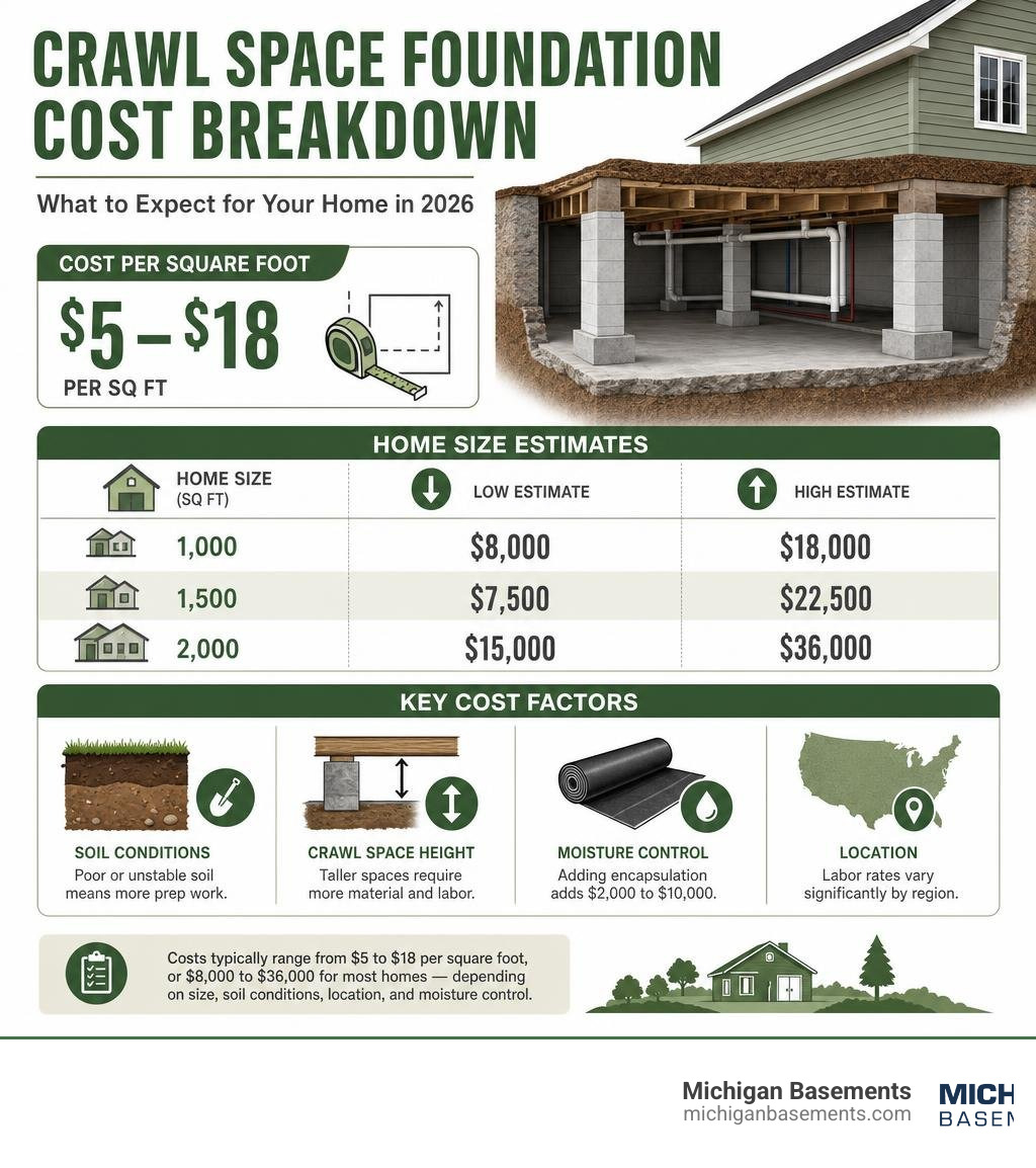 crawl space foundation cost breakdown infographic with cost per sq ft, home size estimates, and key cost factors infographic