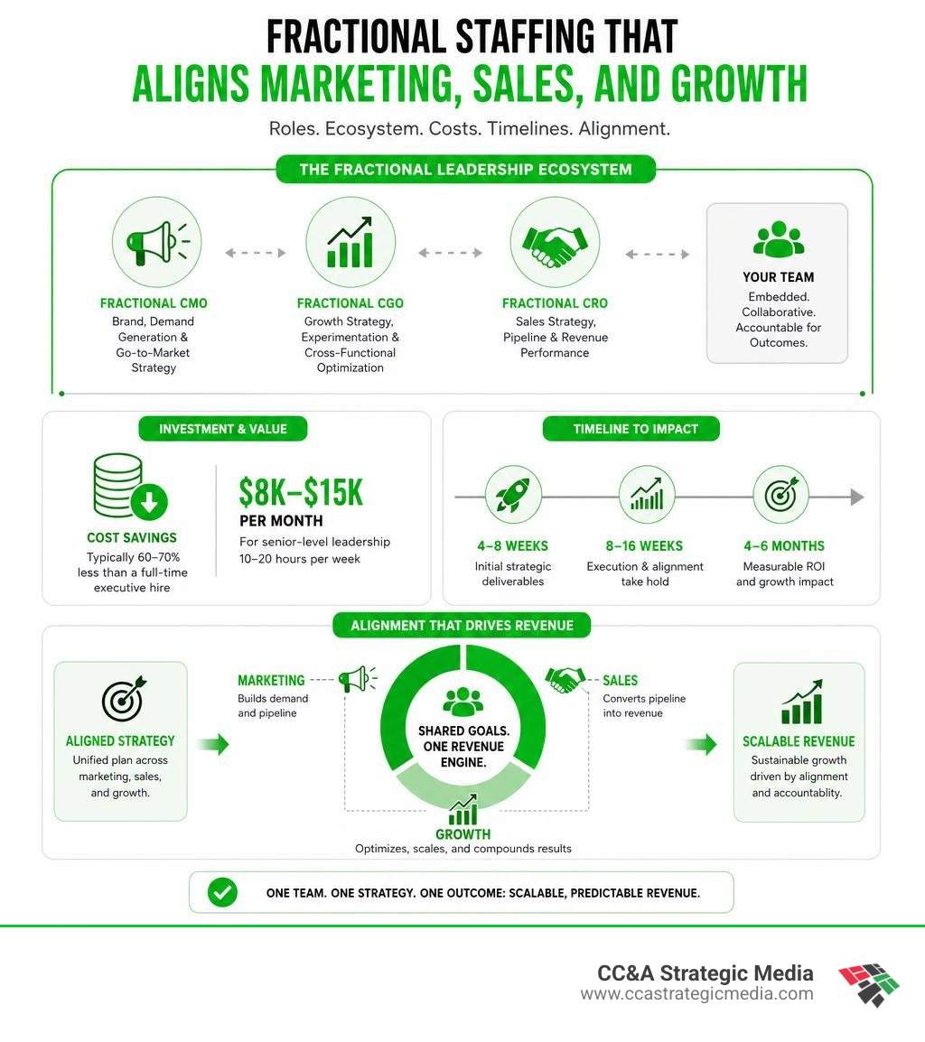 infographic showing fractional staffing ecosystem roles costs timelines and alignment between marketing sales and growth infographic showing fractional staffing ecosystem roles costs timelines and alignment between marketing sales and growth