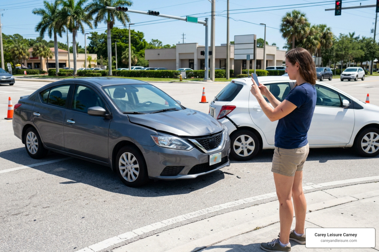 A car crash victim using their smartphone to photograph vehicle damage and license plates at a Florida intersection