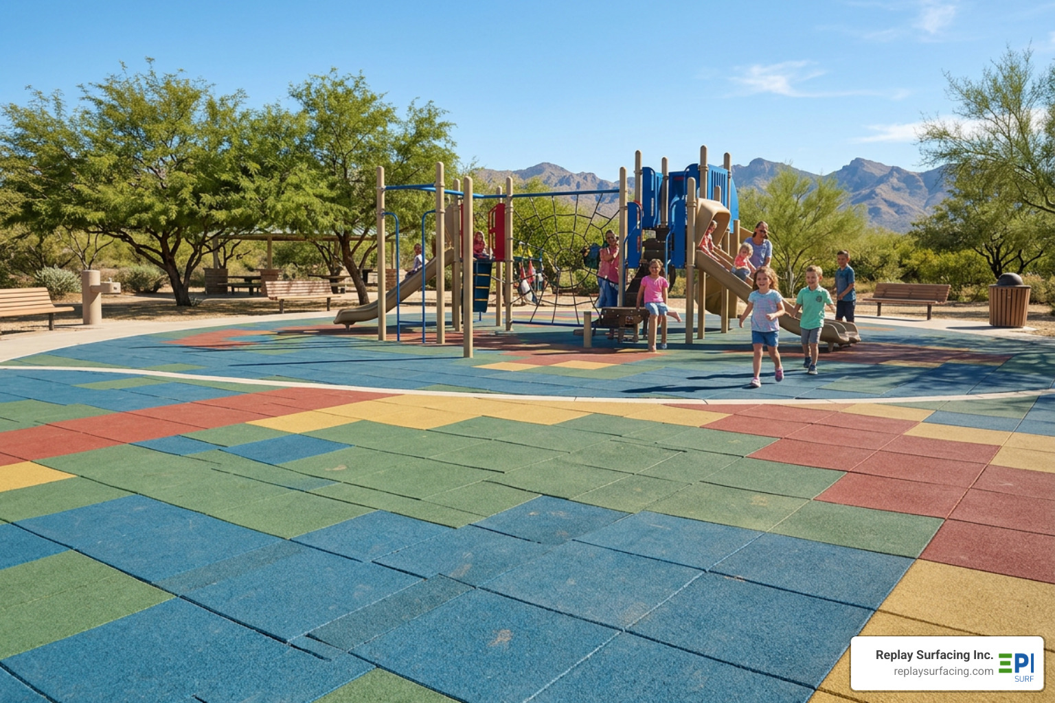 Vibrant rubber playground tiles in a sunny Tucson, Arizona community park Vibrant rubber playground tiles in a sunny Tucson, Arizona community park