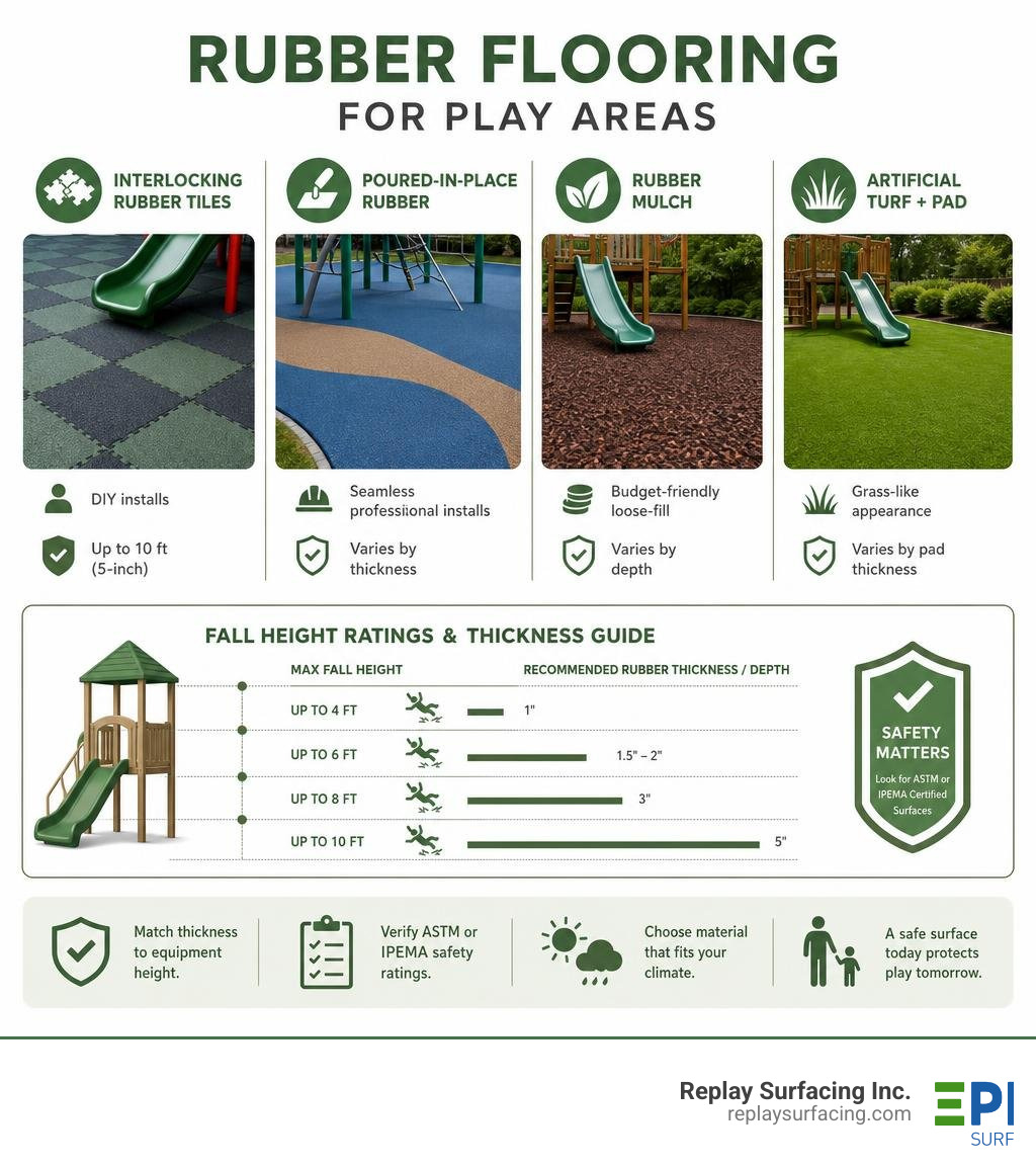 Infographic showing rubber flooring types, fall height ratings, and thickness requirements for play areas infographic Infographic showing rubber flooring types, fall height ratings, and thickness requirements for play areas infographic