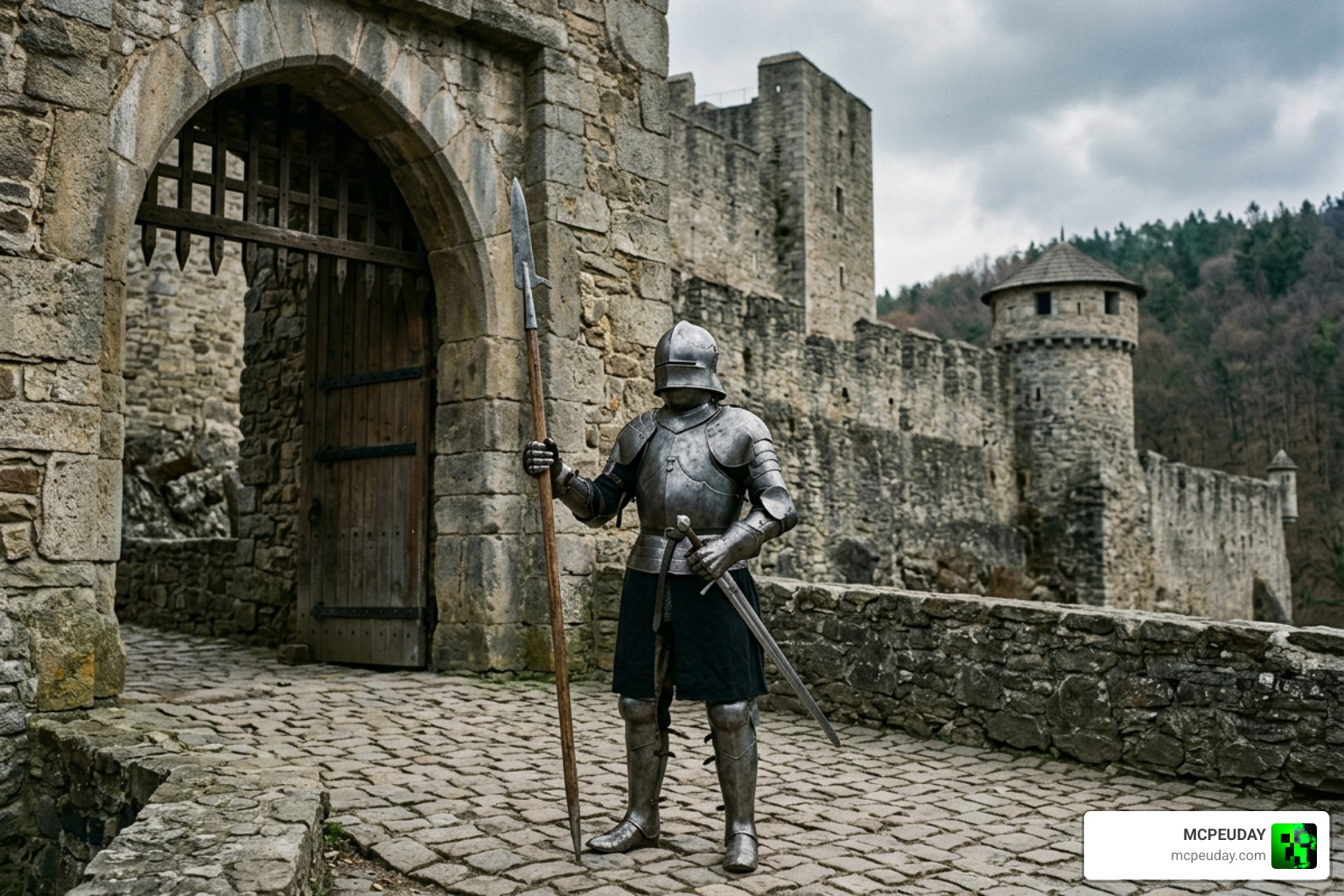 A medieval knight standing guard outside a stone fortress A medieval knight standing guard outside a stone fortress