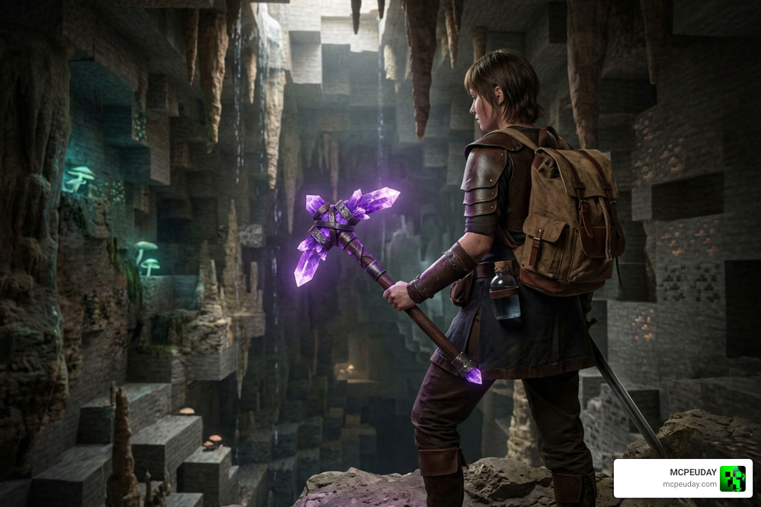 A fully equipped player holding a glowing custom amethyst pickaxe in survival mode