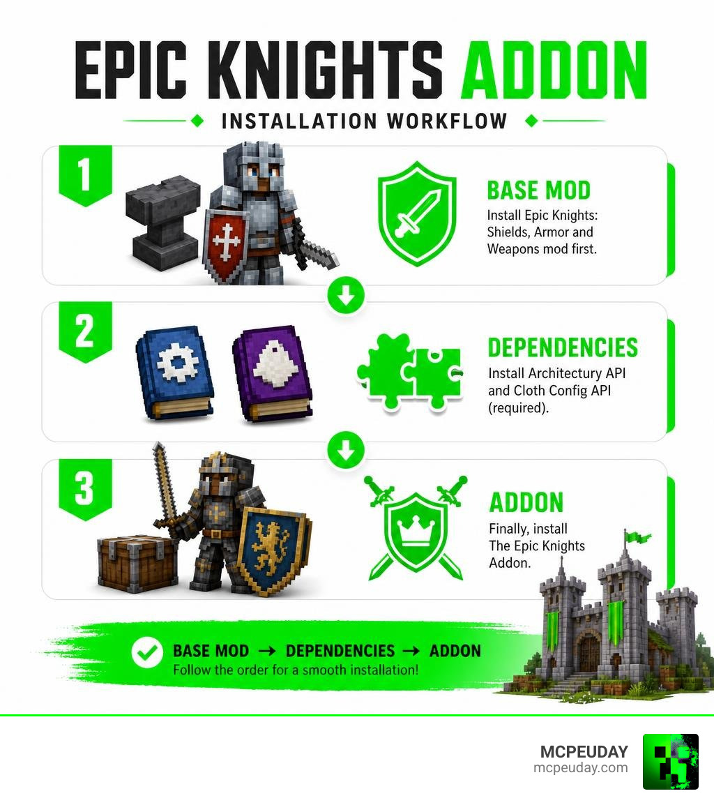 Epic Knights Addon installation workflow: base mod, dependencies, then addon infographic Epic Knights Addon installation workflow: base mod, dependencies, then addon infographic