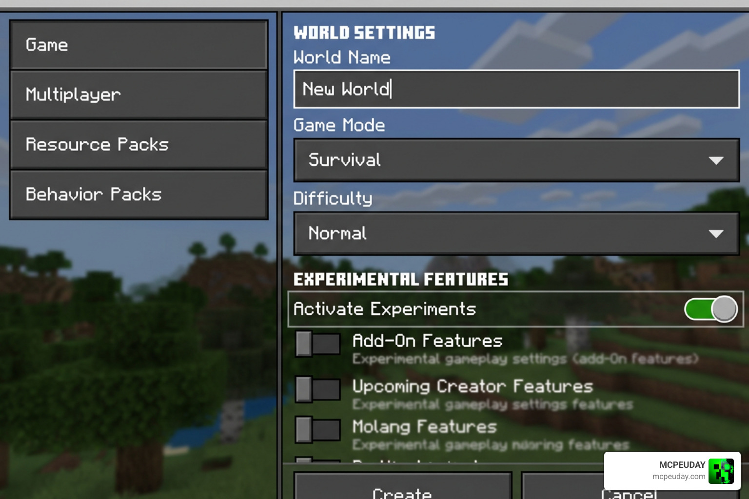 Experimental settings toggle in Minecraft Bedrock world creation screen