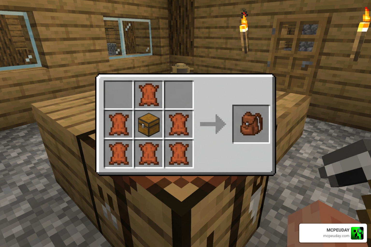 Crafting recipe for the base backpack in Minecraft Bedrock