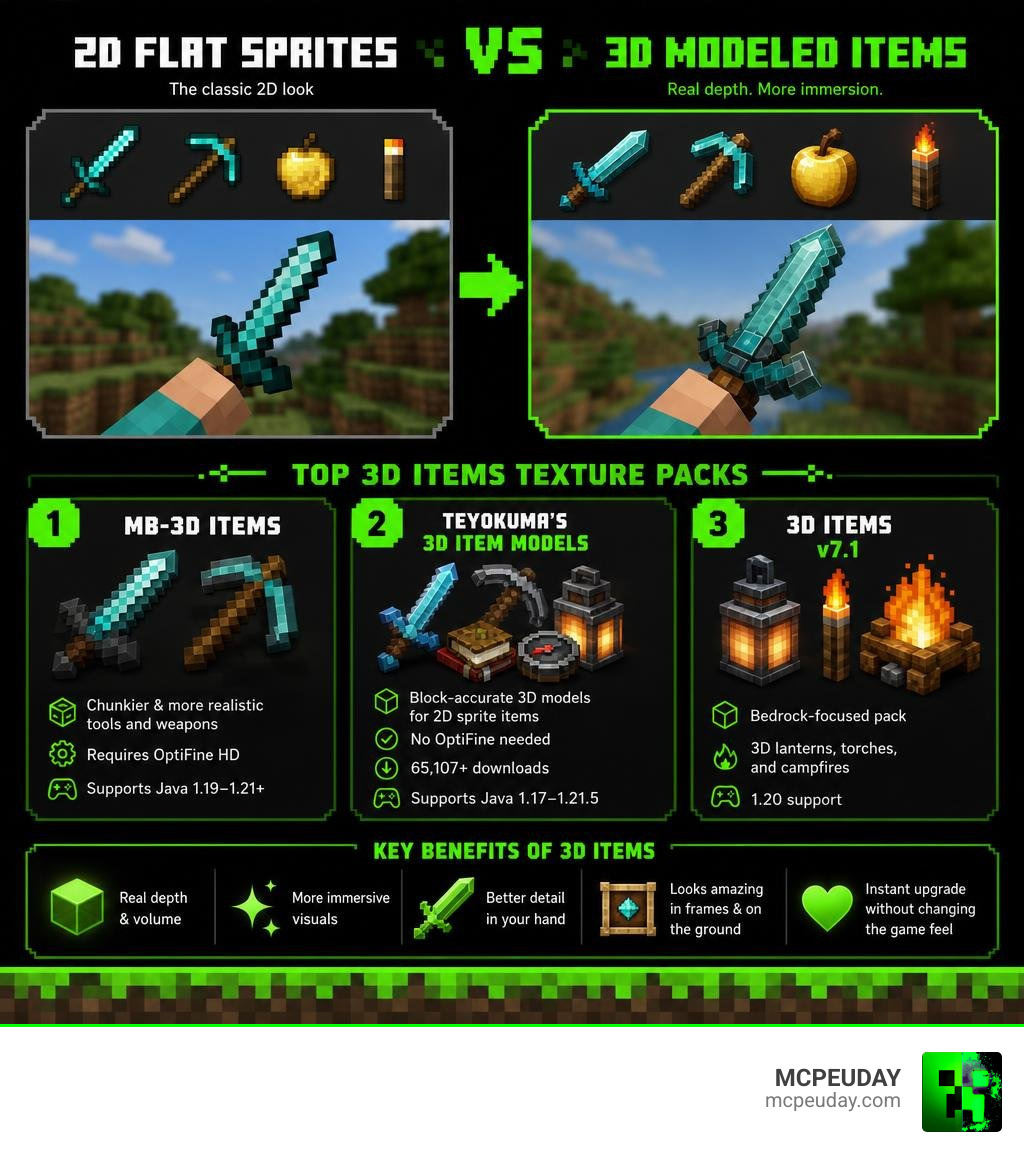 Infographic showing 2D flat sprite items vs 3D modeled items in Minecraft with pack names and key features infographic Infographic showing 2D flat sprite items vs 3D modeled items in Minecraft with pack names and key features infographic