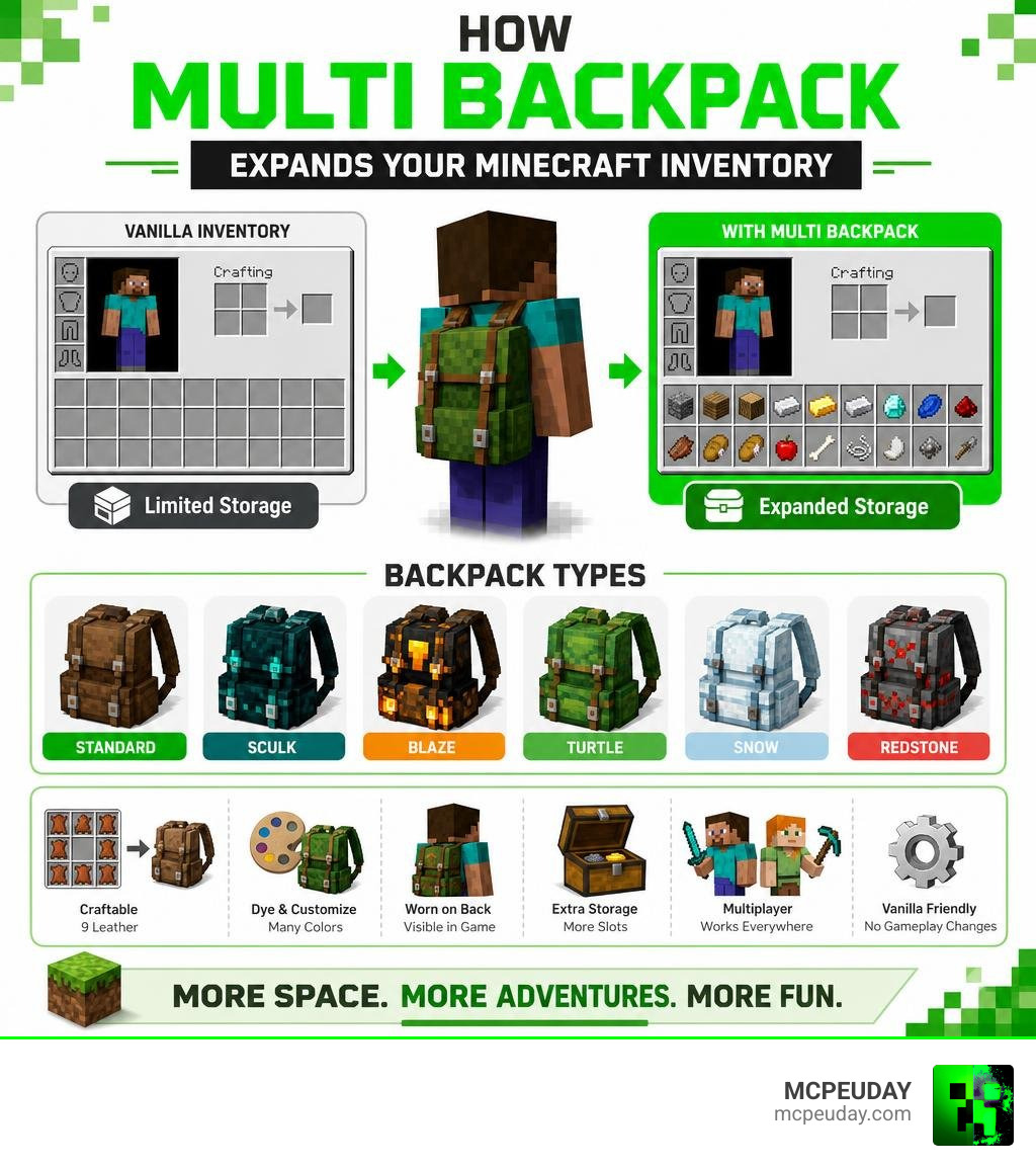 How Multi Backpack Addon expands Minecraft inventory with backpack types and storage slots infographic