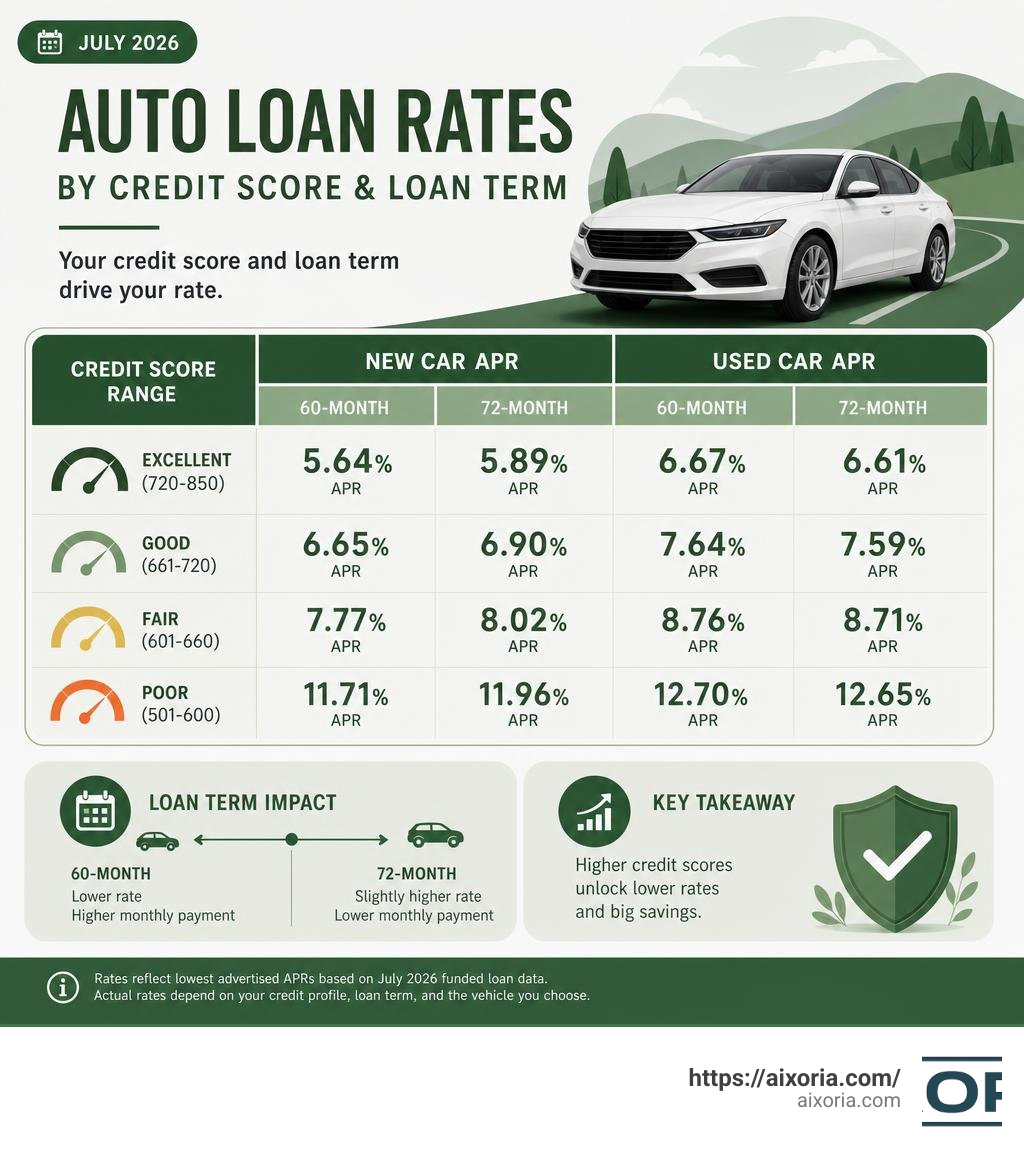 Capital One auto loan rates by credit score and loan term infographic July 2026 infographic