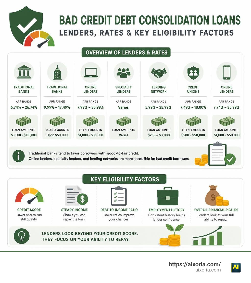 overview of bad credit debt consolidation lenders, rates, and key eligibility factors infographic