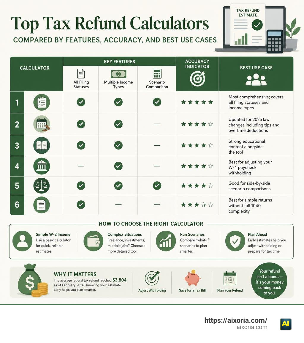 Top tax refund calculators compared by features, accuracy, and best use cases infographic