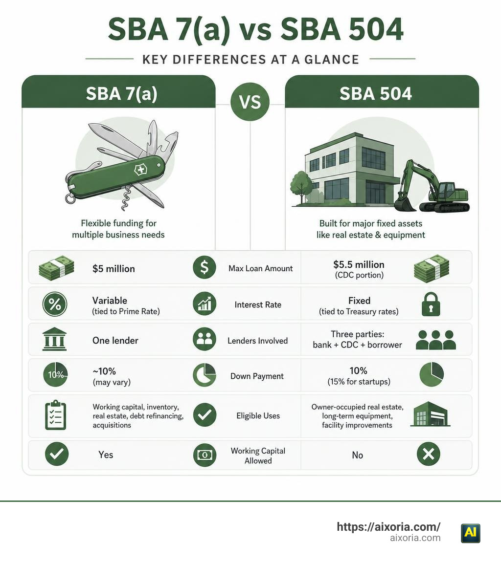 Key differences between SBA 7a and SBA 504 loans comparison infographic infographic