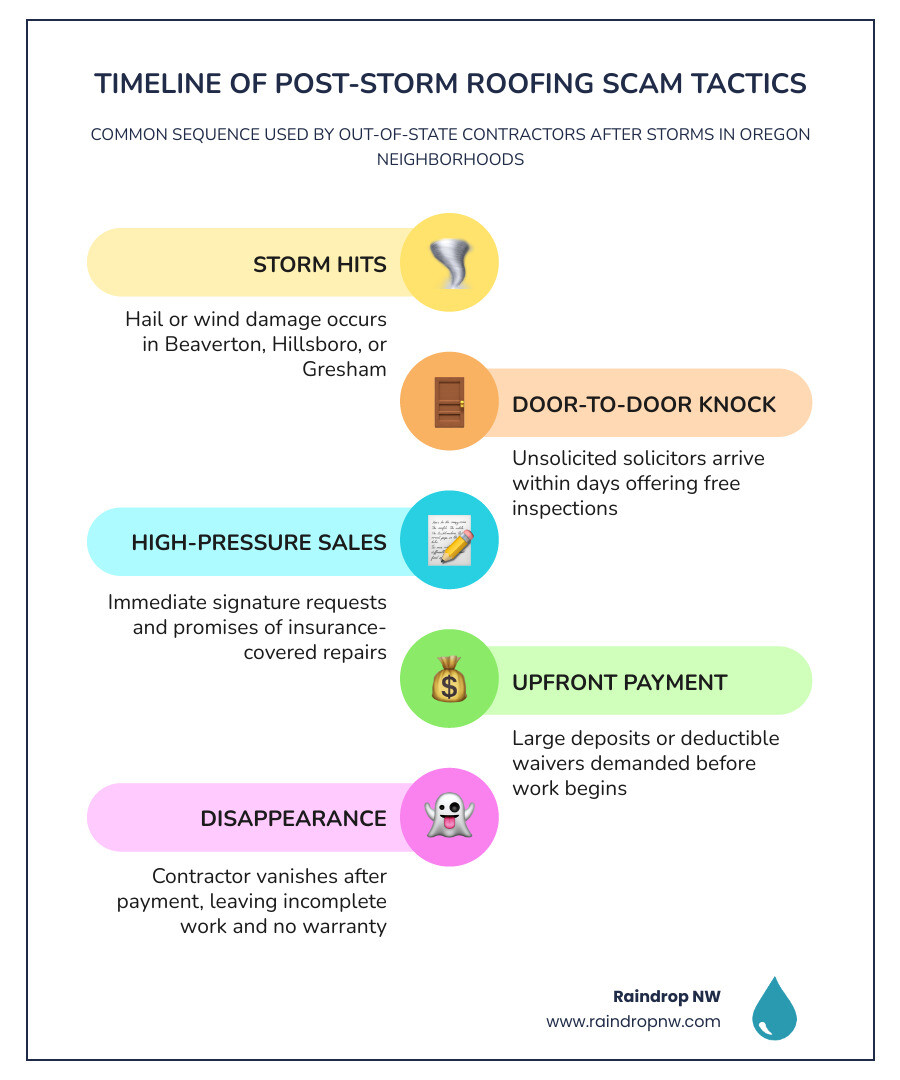 Timeline of post-storm roofing scam tactics from door-knock to disappearance infographic