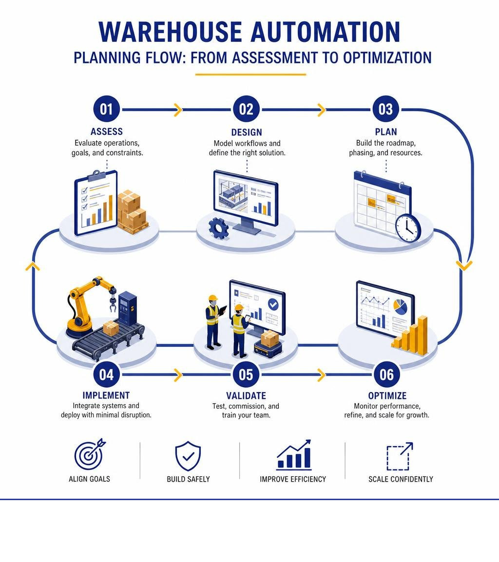 Warehouse automation planning flowchart showing steps from assessment to optimization infographic Warehouse automation planning flowchart showing steps from assessment to optimization infographic