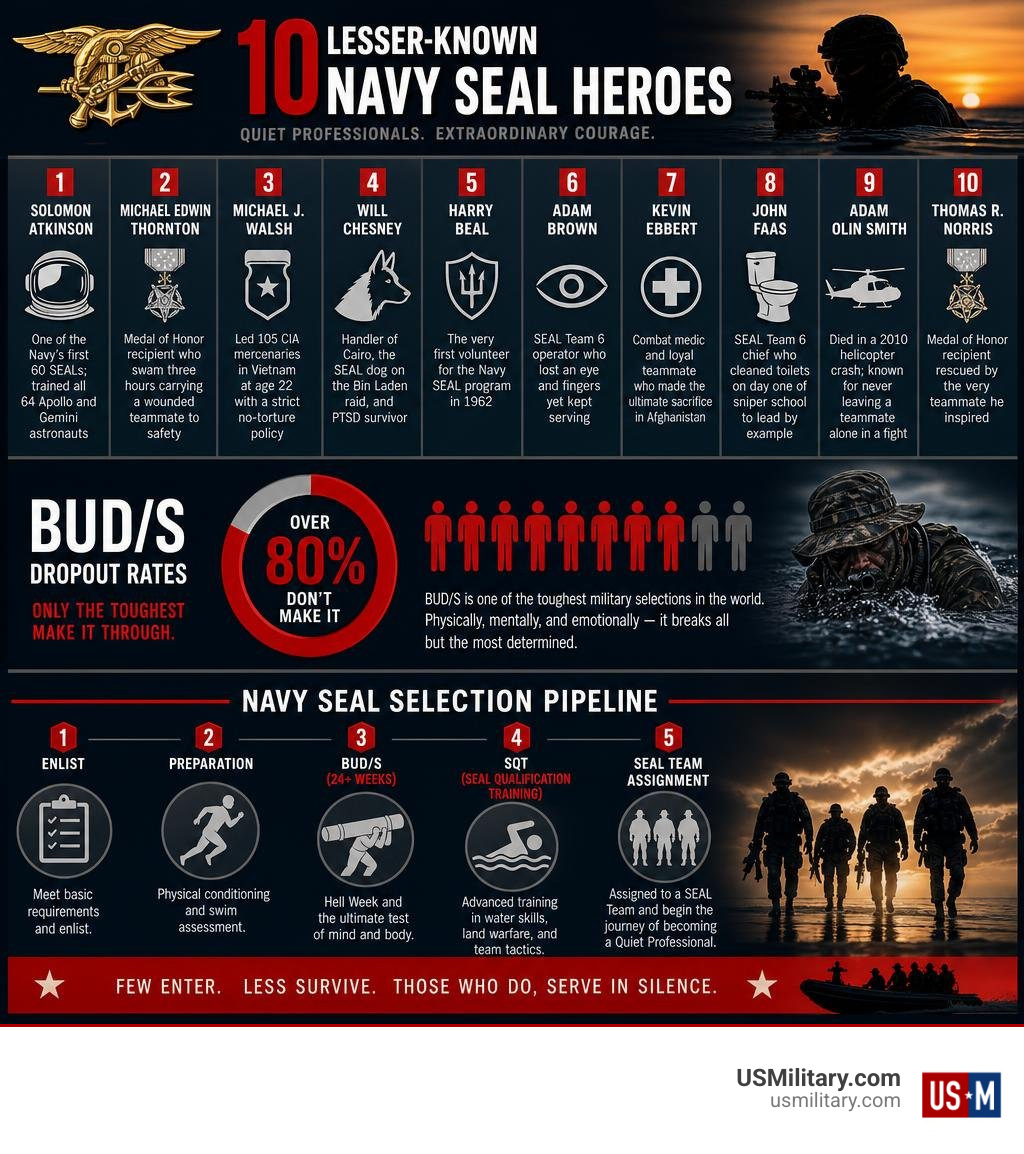 10 lesser-known Navy SEAL heroes, BUD/S dropout rates, and SEAL selection pipeline overview infographic