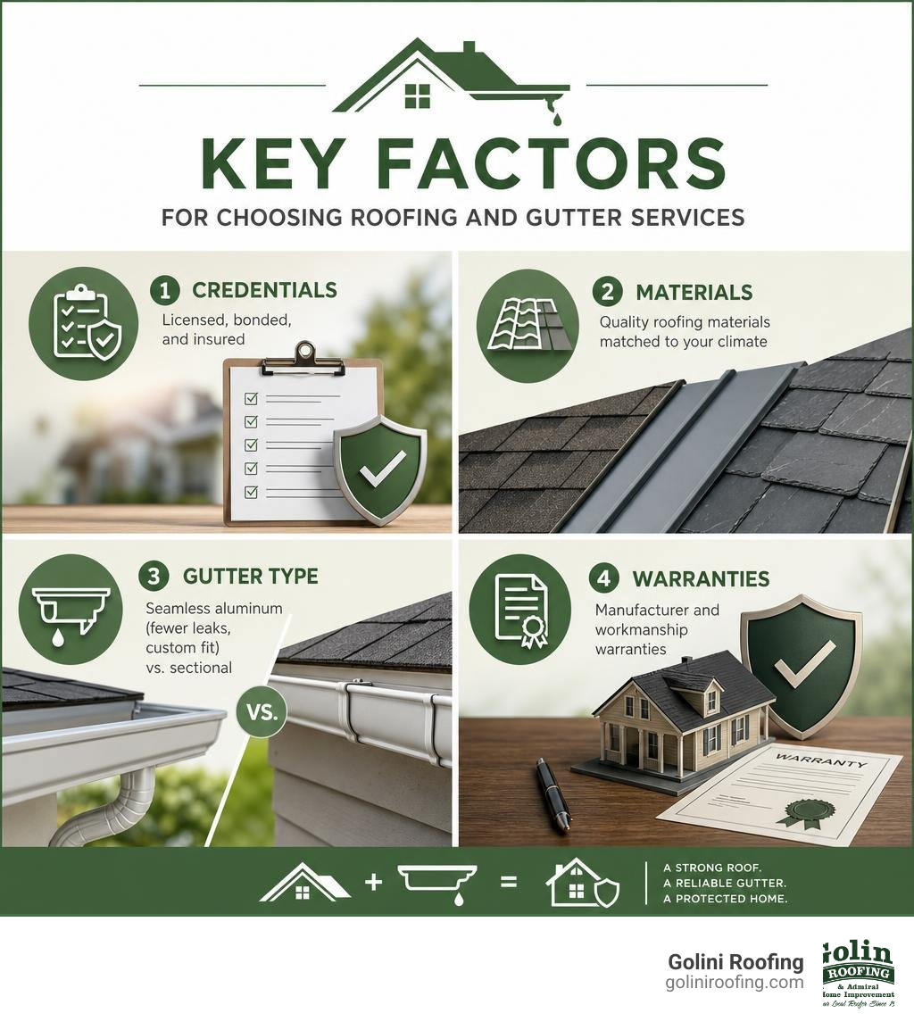 Key factors for choosing roofing and gutter services: credentials, materials, gutter type, warranties infographic Key factors for choosing roofing and gutter services: credentials, materials, gutter type, warranties infographic