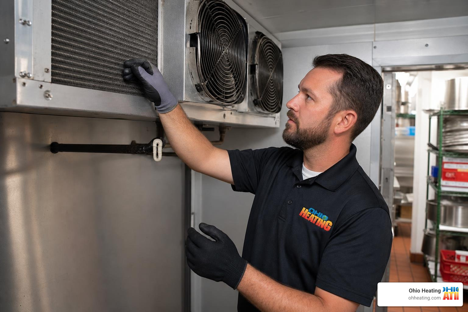 A technician carefully inspecting a commercial AC evaporator coil A technician carefully inspecting a commercial AC evaporator coil