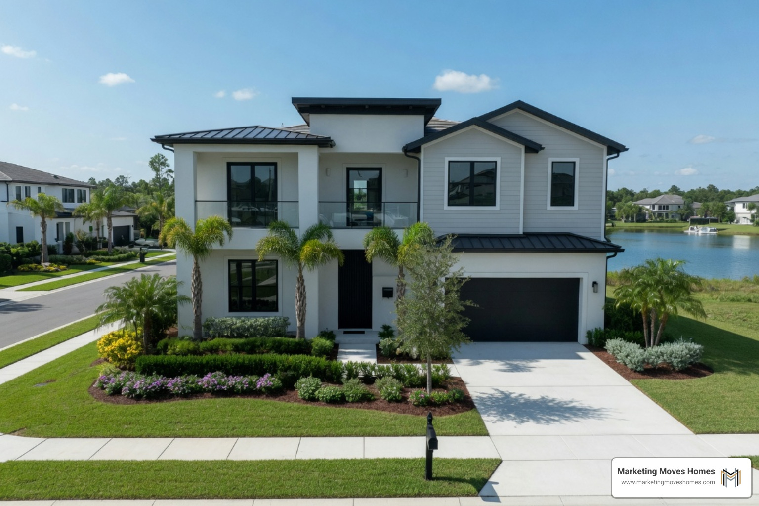 Modern home in Laureate Park with clean landscaping