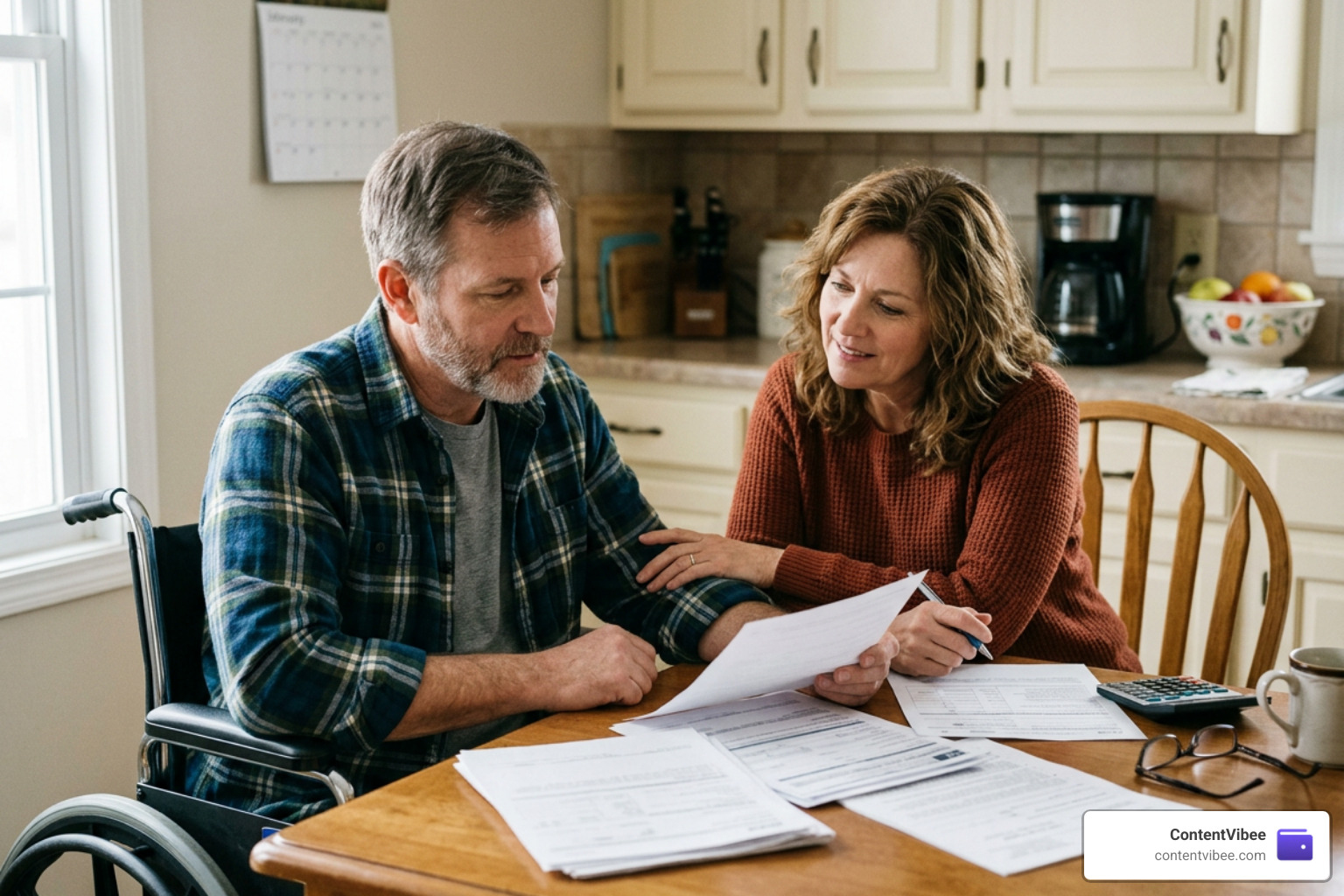 Disabled worker and supportive spouse discussing financial support