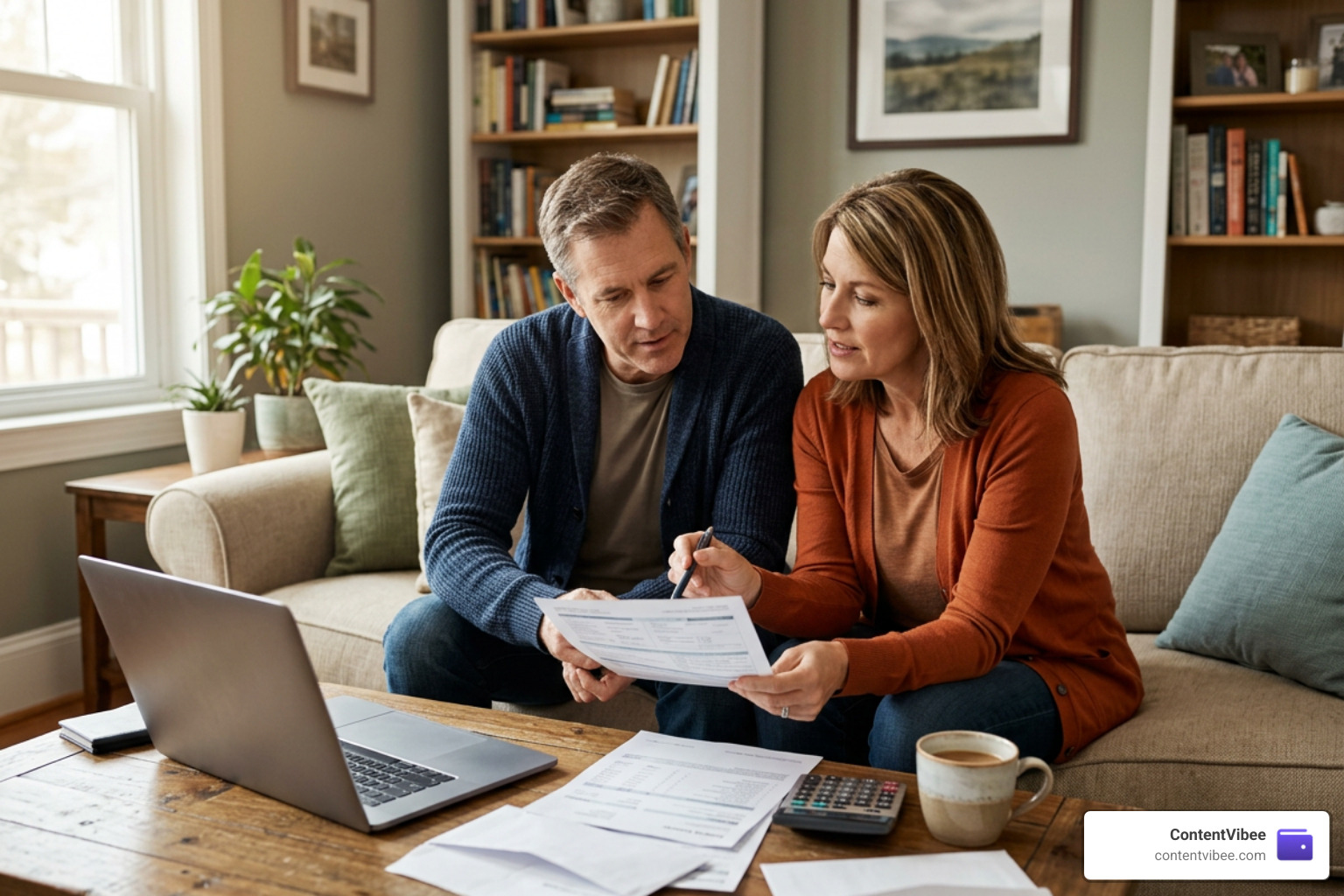 Family sitting together in a living room discussing household finances