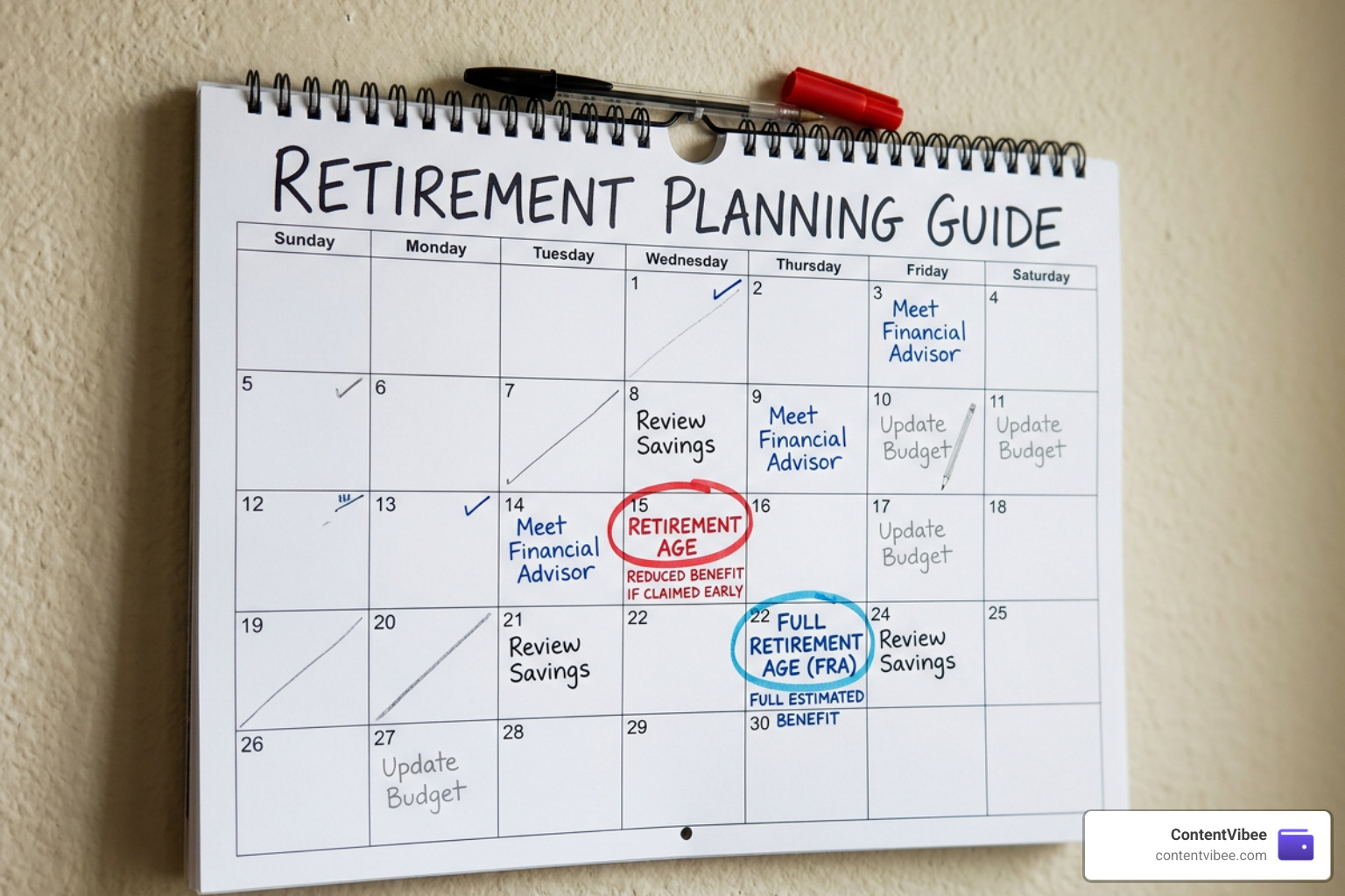Calendar highlighting retirement age milestones and early claiming reductions