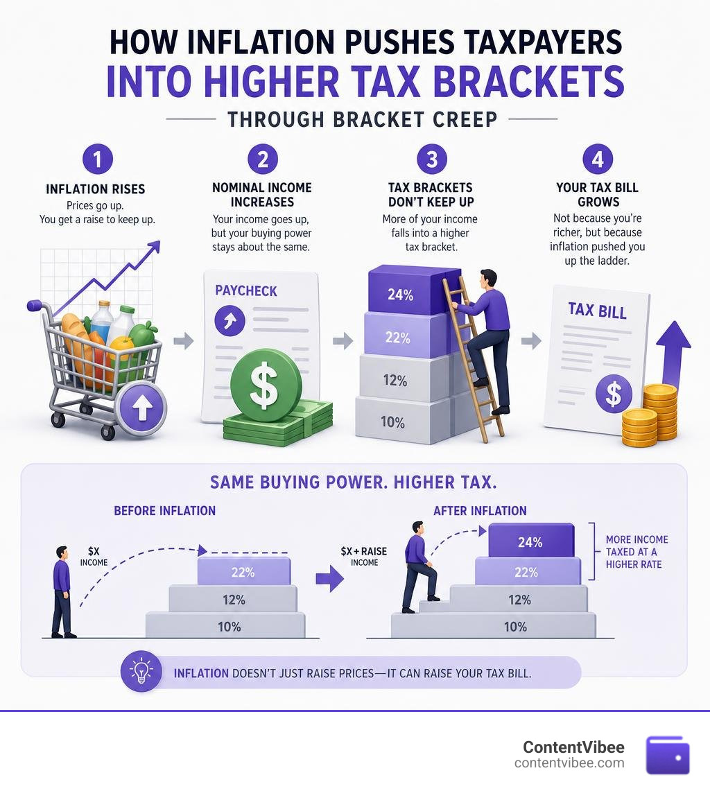 How inflation pushes taxpayers into higher tax brackets through bracket creep infographic
